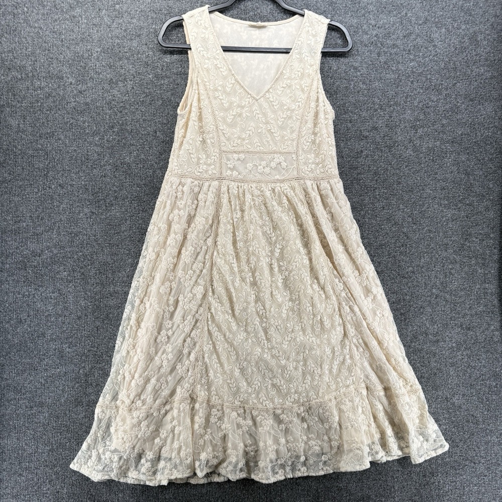 Womens Dress Size M Beige Lace Ruffle Sleeveless Midi Fairycore Cottage Whimsy